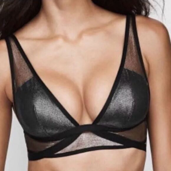 Victoria’s Secret Caged Bra Bralette Black Silver Foil Mesh Shine & Plunge Large - Picture 2 of 12